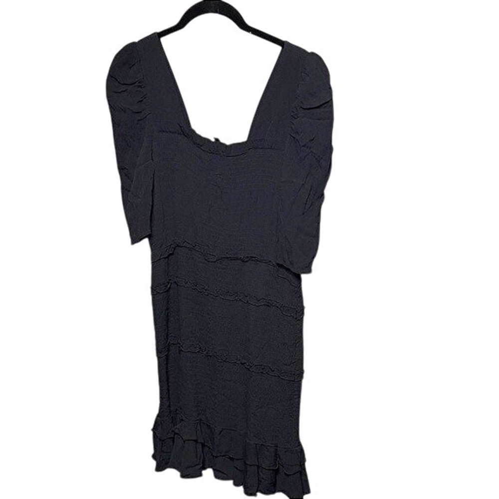 Versona Black Dress Smocked Ruffle Trim Square Neck Puff Sleeve Party Medium‎